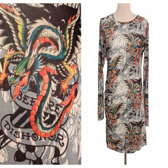 Ed Hardy Womens Size XL Dragon Wings Tattoo Mesh Ruched Side L/S Bodycon Dress - Picture 1 of 12